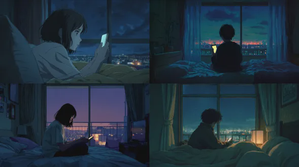 日式动漫电影风格。夜晚，在一间安静的房间里，床边的智能手机柔和地发光。一个人静静地坐着，盯着屏幕。相机略微从后面取景，同时捕捉到背影和手机。随着时间慢慢流逝，没有通知出现。窗外，夜空和远处的城市灯光微微闪烁。一个无声的、充满情感的动漫场景，表达出安静的孤独感