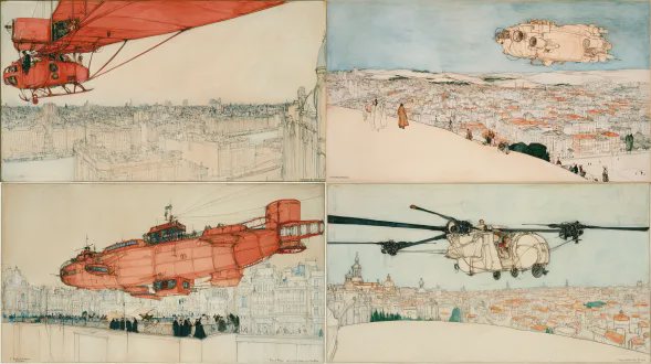 一幅大型的工业风格直升机，带有多个小型引擎和货舱，盘旋在城市景观上空，画风模仿大友克洋。这幅作品是钢笔绘制，用黑色墨水在白色背景上完成，低角度侧视视角，展现直升机的复杂细节。图像高度细节化，聚焦清晰，具有超写实质感