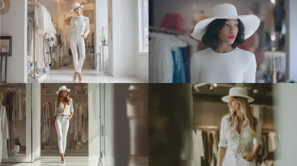 一幅25至35岁时尚美国女性的全身全彩图像，身着搭配当代奢华与休闲时尚风格的白色服饰，为春季配置，包括：主要服装：白色修身牛仔裤； footwear：白色 pumps；配饰：白色软呢帽；造型 accent：鲜艳唇色。她微微侧身，在精品店内拍摄，采用专业编辑灯光、电影柔和色调，视觉风格为佳能eos r5、50mm f/1.2，超逼真16k