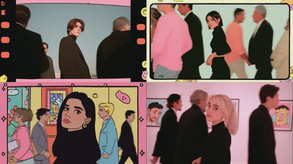 一幅高级时尚杂志的画报，配有一位看起来像阿尔卑斯山风格的女子，她静止站立，看着镜头，头部转向中心，周围是模糊的行人剪影。她脸上带着平静、冷漠的表情，穿着黑色极简风格的服装。背景干净、明亮且略带抽象，强调运动模糊和静态外观的对比。编辑风格为胶片构图，纯艺术摄影，柔和的杂志质感，高分辨率