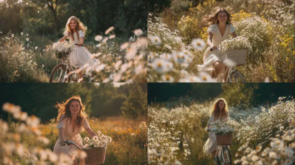 16岁少女骑白色自行车，车篮装满雏菊，背景野花草原，柔和淡彩色调，阳光明媚，浅景深，35mm镜头，逆光拍摄，微笑表情，飘逸连衣裙，自然光斑，温暖色调，轻松愉悦