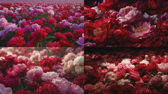 五十六朵牡丹绽放，花海构图，国画写意风格，富丽堂皇，特写与全景结合，柔光照射，花瓣细腻，色彩以红粉为主，雍容华贵，充满生机与繁荣之感，象征团结，微距镜头，饱和色调，宁静喜悦。