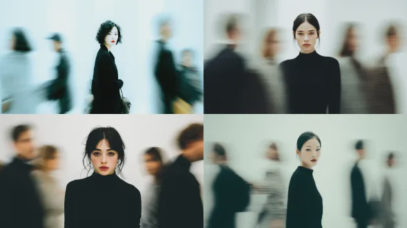 一幅高级时尚杂志的画报，配有一位看起来像阿尔卑斯山风格的女子，她静止站立，看着镜头，头部转向中心，周围是模糊的行人剪影。她脸上带着平静、冷漠的表情，穿着黑色极简风格的服装。背景干净、明亮且略带抽象，强调运动模糊和静态外观的对比。编辑风格为胶片构图，纯艺术摄影，柔和的杂志质感，高分辨率