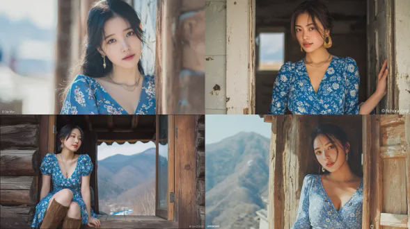 一张构图精湛的肖像照片，主角是一位22-25岁的惊艳韩国女偶像，站在质朴的原木小屋门口，柔和虚化的背景中可见雄伟山脉。她身穿蓝色碎花迷你连衣裙，裙上印有精致的白色花朵图案，v领优雅地露出锁骨，搭配过膝棕褐色麂皮长靴，凸显修长双腿。金质耳环在晨光中闪耀，一条纤细的银项链贴在她如瓷的肌肤上。她杏仁状的眼角微微上挑，眼神深邃而沉思——并未直视镜头，而是向镜头外15度的远处山脉凝望，仿佛陷入思绪或回忆。虹膜在11点钟位置捕捉到一点反光，形成理查德·阿维顿所说的“灵魂之窗”效果。她的神情中藏着一种无声的叙事——介于渴望与宁静接受之间，双唇微启，形成一抹未曾完全绽放的初生微笑。她的身体以四分之三角度朝向镜头，一只手轻触风化的木门框，重心自然落在一条腿上，形成毫不费力的s形曲线。头部微微倾斜，下巴带着沉静的自信轻轻抬起。柔和的晨光从45度角的小木屋窗口洒入，被薄云漫射成如画质感，令人想起保罗·罗韦尔西的作品。天然木墙提供2:1比例的温暖补光，保持阴影通透、肤色焕发光彩。门口透出的微妙轮廓光在她的头发与肩部勾勒出金色边缘，将她与质朴背景分离。采用中画幅相机美学拍摄，85mm等效镜头，光圈f/2.0，创造极浅景深——仅近侧眼睛保持临界清晰，远侧耳朵与发梢化为柔和焦外。复古人像镜头（蔡司planar渲染）特有的光学柔焦——高光轻柔绽放，无数字模糊伪影。细腻的kodak portra 160胶片颗粒强度0.22，均匀分布全画幅，尤其在中调区域显现触感纹理。陈木的温暖蜂蜜色调与远处山影的冷蓝灰形成和谐对比，她的蓝色连衣裙则作为冷暖之间的色彩桥梁。高光略偏暖，带奶油底色；阴影保持透明，带冷蓝底。中低饱和度呈现高端时尚摄影的精致编辑质感。主体位于画面右三分之一，她沉思的目光将观者引向左侧负空间。取景自大腿中段向上，捕捉麂皮长靴与碎花裙摆的互动。轻微暗角将视线引向她的光辉面庞。电影感、编辑感、富有灵魂、感性而优雅。