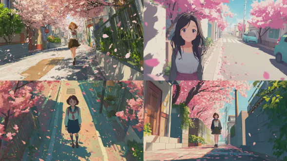 生成一个可爱的动漫场景，一个十几岁的动漫女孩走在樱花盛开的街道上。花瓣在空中飘浮。温柔的微笑。明亮的日光。干净简洁的动漫风格，柔和的色彩，平滑的阴影，健康的氛围，舒适的氛围，高质量的动漫插图。
