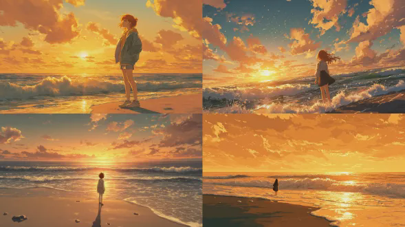 生成电影动漫风格的日落海滩场景。角色站在海浪附近。金色的天空。微风轻柔地吹动衣服。暖色调，干净的动漫风格，平滑的渐变，情绪化的氛围，高细节，专业的动漫艺术作品外观，时尚的构图。