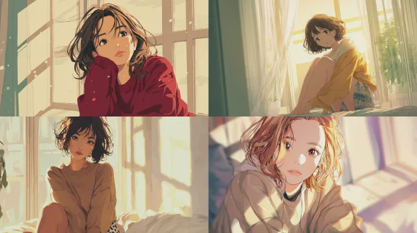 创作一幅时尚的动漫插画，描绘一位年轻的动漫女孩坐在窗边，沐浴在清晨的阳光中。柔和的阳光洒在她的脸上。平静的表情。舒适的装束。温暖的粉彩色调。干净的动漫线条艺术，流畅的阴影，柔和的高光，唯美的氛围，现代动漫风格，高细节，无模糊，焦点清晰。