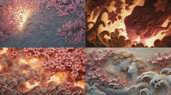 浪漫的樱花雕刻场景，有机卷发形成翻滚的海浪，发光的白色泡沫亮点，精致的粉红色花瓣，温暖的漫射灯光，宫崎骏插画风格的美术美学