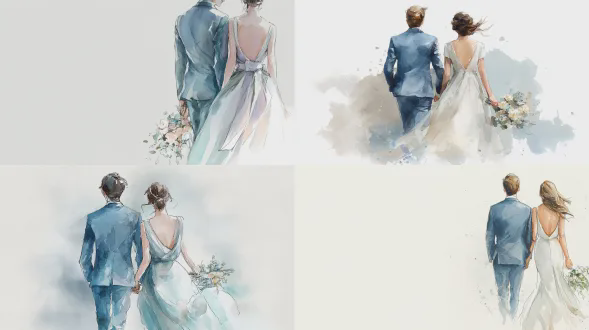 一对新婚夫妇从后面看的水彩插图，新娘和新郎手牵着手，新郎穿着优雅的蓝色西装，新娘穿着飘逸的白色露背婚纱，面料的柔和浪漫运动，新娘手中的精致花束，手绘水彩风格，柔和的中性和柔和色调，精美的水彩纸纹理，最小的阴影，干净的白色背景，通风的构图，精致永恒的审美，豪华婚礼文具插图，故事书浪漫