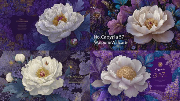 色彩丰富的插画，深紫色和蓝色图案背景上有一朵大大的白色牡丹，带有金色点缀，文字“第57号水豚壁纸”，色彩浓郁，奇幻艺术风格，中国传统图案壁纸设计，高分辨率，超写实细节，细节丰富的插画，精致的花卉布置，深紫色背景，超精细插画，超写实，高清晰度，超级细致。