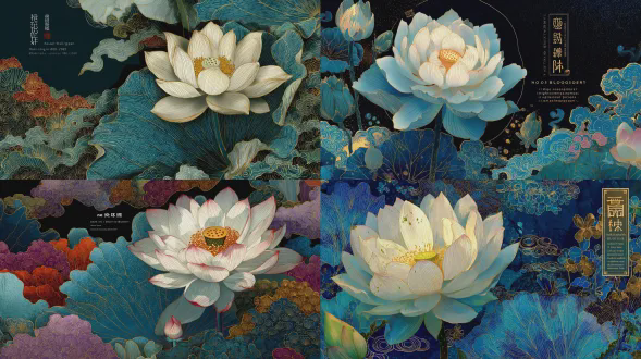 色彩丰富的插画，画面中心一朵发光的白色昙花盛放，午夜靛蓝与墨黑背景叠加中国祥云纹与金色细丝镶边，带微弱月晕光环，文字“no. 08 夜绽壁纸”，色彩浓郁，奇幻艺术风格，中国传统纹样壁纸设计，高分辨率，花瓣超写实，超细节插画，华丽花卉构图，深色背景，超精细，超写实，高清，超级细致。