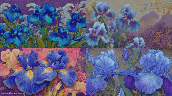 色彩丰富的插画，一枝宝石蓝鸢尾花边缘泛光，烟雾紫背景叠加中国水波纹与金粉渐变，带水墨薄雾效果，文字“no. 33 鸢尾潮汐壁纸”，色彩浓郁，奇幻艺术风格，中国传统纹样壁纸设计，高分辨率，花瓣纹理超写实，超细节插画，华丽花卉构图，深紫背景，超精细，超写实，高清，超级细致。