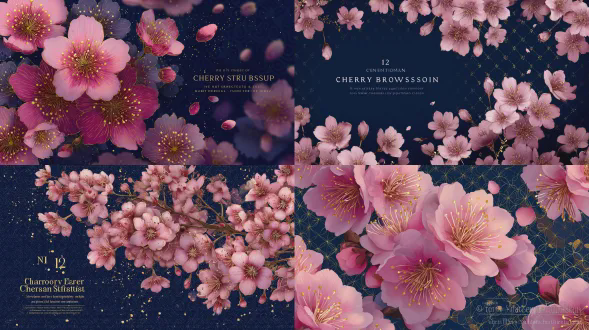 色彩丰富的插画，成簇柔粉樱花带闪烁高光，深海军蓝背景叠加梅花窗棂纹与金箔点缀，花瓣漂浮如星尘，文字“no. 12 樱花星尘壁纸”，色彩浓郁，奇幻艺术风格，中国传统纹样壁纸设计，高分辨率，超写实细节，细节丰富插画，精致花卉构图，深色背景，超精细，高清，超级细致。