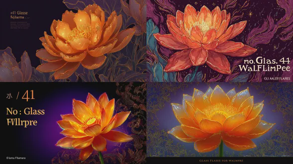 色彩丰富的插画，一朵明艳橙色金莲花，花瓣半透明如琉璃，深紫到墨黑渐变背景叠加中国火焰纹与金色线描，边缘光晕发亮，文字“no. 41 琉璃火焰壁纸”，色彩浓郁，奇幻艺术风格，中国传统纹样壁纸设计，高分辨率，超写实细节，超细节插画，华丽花卉构图，深色背景，超精细，超写实，高清，超级细致。