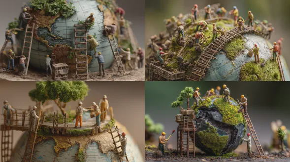 微型小人仔细修复地球仪，微小的建筑工人和修复者用梯子、脚手架、刷子和工具修复世界，裂缝被修补，绿色植物重新生长，协作与关怀，充满希望的氛围，温暖柔和的光线，微距摄影，移轴效果，超细节，电影感，鼓舞人心，我们看到整个图像，地球仪周围有足够空间