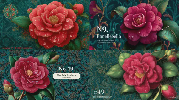 色彩丰富的插画，一朵浓烈赤红山茶花带露珠高光，深青绿与皇家蓝锦缎背景配金色点缀与珐琅般光泽，中国传统纹样壁纸设计，回纹几何边框，文字“no. 19 山茶徽章壁纸”，色彩浓郁，奇幻艺术风格，高分辨率，超写实细节，细节丰富插画，精致花卉构图，深色背景，超精细，高清，超级细致