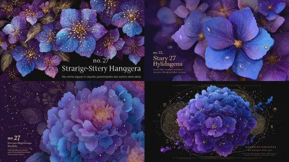 色彩丰富的插画，一朵巨大的蓝紫星河绣球花，深紫背景叠加中国风星图灵感纹样与金色星点，花瓣内部有微型星云渐变，文字“no. 27 星河绣球壁纸”，色彩浓郁，奇幻艺术风格，中国传统纹样壁纸设计，高分辨率，微花瓣细节超写实，超细节插画，华丽花卉构图，深色背景，超精细，高清，超级细致。