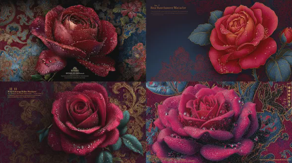 色彩丰富的插画，一朵丝绒质感的大红玫瑰带水晶露珠，深酒红与午夜蓝背景叠加中国锦缎纹样与金箔点缀，戏剧性轮廓光，文字“no. 11 玫瑰锦夜壁纸”，色彩浓郁，奇幻艺术风格，中国传统纹样壁纸设计，高分辨率，花瓣质感超写实，超细节插画，华丽花卉构图，深色背景，超精细，高清，超级细致。