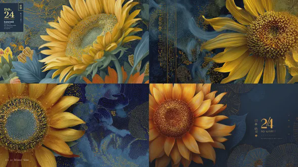色彩丰富的插画，一朵明耀向日葵带发光花粉金尘，深海军蓝与炭黑背景叠加中国日辉纹与金色点缀，晨雾柔光氛围，文字“no. 24 向日葵晨雾壁纸”，色彩浓郁，奇幻艺术风格，中国传统纹样壁纸设计，高分辨率，花盘螺旋细节超写实，超细节插画，华丽花卉构图，深色背景，超精细，高清，超级细致。