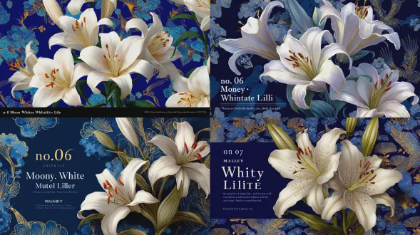 色彩丰富的插画，优雅白百合带瓷釉般光泽，深钴蓝与靛蓝背景叠加中国云鹤纹与金色细线描，宁静发光高光，文字“no. 06 月白百合壁纸”，色彩浓郁，奇幻艺术风格，中国传统纹样壁纸设计，高分辨率，花蕊花粉超写实，细节丰富插画，华丽花卉构图，深色背景，超精细，高清，超级细致。