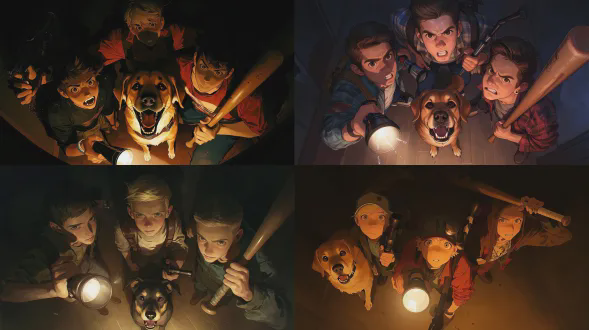 勇敢的孩子和狗在一个黑暗的房间里，一个拿着手电筒，一个拿着弹弓，另一个拿着棒球棒；狗看起来很生气；他们看向镜头，小夜灯，由上往下的视角，逼真的卡通，细节丰富，8k，d&d，rpg