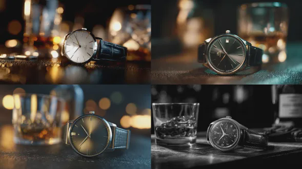 以一块豪华手表作为唯一的突出主体，居中且在画面中占据主导地位，表盘和指针呈现极其清晰的焦点，拉丝金属表面具有鲜明的微对比度，次要道具仅作为柔和的形状出现：一个失焦的威士忌酒杯和模糊的皮革桌面，背景完全被压制成黑暗的散景，没有可辨认的天际线，只有微弱的反射，工作室产品摄影，100mm微距镜头，f/2.8，浅景深，受控的轮廓光，干净的视觉层次结构，没有额外的焦点。