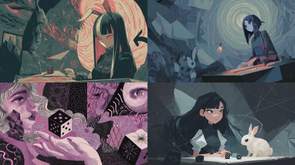 坐在几何暗室的桌旁，骰子被一只手抛出，在空中舞动，来自正面角度的惊人动态特写，立体主义油画，厚涂法，有限的调色板，高对比度，波浪箭头符号，1个女孩和1只兔子，在远处，垂耳，虚线，螺旋眼，遮住一只眼睛的飘逸头发，少女时尚，钝刘海，哥特式，复古氛围，面无表情，荒诞，高分辨率，精致的细节，非常精确的细节，最佳质量，16k，最高图像质量