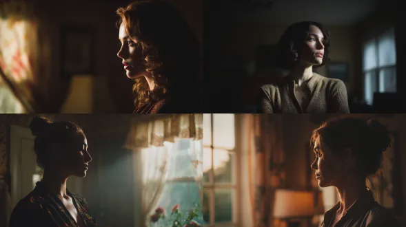 一位女性静立于昏暗的室内，她的脸庞被场景中最明亮柔和的窗户光线照亮，其他一切都隐入阴影之中，微妙的轮廓光勾勒出她的剪影，电影般的低调光线，浅景深，85mm镜头，f/1.8