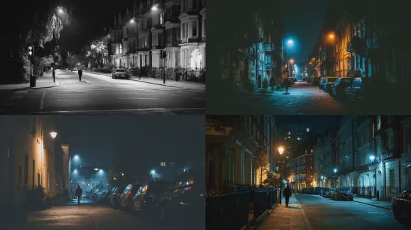 夜晚安静的街道，一位行人被路灯照亮，建筑物和汽车简化为黑暗的形状，强烈的对比引导视线，电影般的城市摄影，50mm镜头，f/1.8