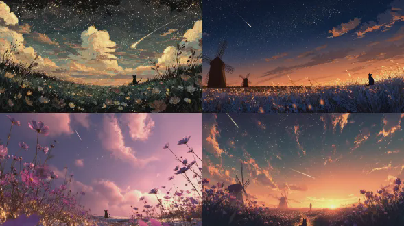 电影奇幻全景，以天空为主的垂直构图，带有清晰的星空暮光。下面，是一望无际的野花田和几座古老的风车，花瓣被微风轻轻扬起。一道微弱的魔法流星轨迹划过高空，留下闪闪发光的尘埃。云层上温暖的金色边缘光，精致的闪光颗粒，微妙的镜头光晕。在最底部的边缘，一只小猫独自坐在花朵剪影中，非常小，安静地看着天空。