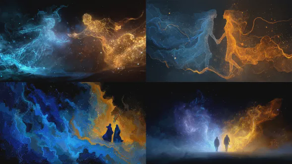 两朵火焰——一朵蓝青色，另一朵金橙色——在宇宙空间中舞动、交织。火焰呈现出两个相互接近的人体轮廓。分子结构、轻粒子、星尘。与星云的黑暗背景。高细节，神秘气氛