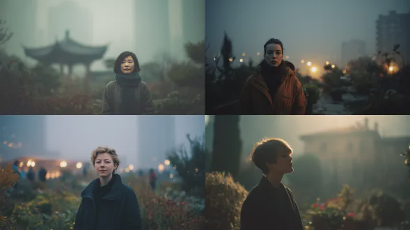 一位孤独的女性站在前景中，清晰聚焦，表情平静，柔和的定向光照亮她的脸庞，柔和的花园形态在她身后消融成模糊，遥远的建筑简化为薄雾和颗粒，浅景深，85mm镜头，f/1.8，电影构图，安静的氛围