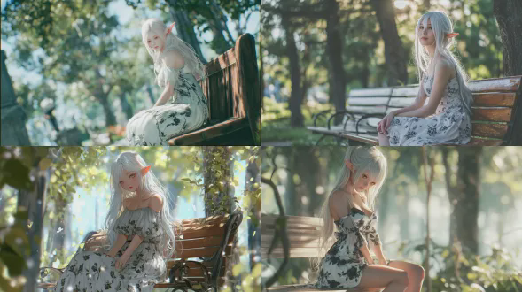 一位令人屏息的空灵精灵少女，拥有超凡脱俗却温柔的存在感，长长的丝滑银发如瀑布般流淌在她的背部与肩膀，发丝在温暖的阳光中轻柔闪耀，带着珍珠般的光泽。她精致优雅的尖耳半掩在松散的发丝间。她拥有天真天使般的面庞，无瑕瓷白肌肤，柔和玫瑰底色，自然红晕的双颊，小巧精致的鼻子，以及充满宁静与惊奇的表现力十足的眼睛。她唇边挂着一抹平和微笑，传递出宁静与永恒之美。她侧身优雅地坐在经典木质公园长椅上，姿态放松却高贵，双腿轻轻交叠，双手柔和地放在膝上。她穿着无袖夏日连衣裙，轻盈飘逸的面料，白色底布上装饰着黑色郁金香花朵与细致绿叶，图案清晰逼真，布料褶皱与纹理清晰可见，在微风中轻轻飘动。场景是宁静的奇幻公园，绿意盎然，高大树木环绕，阳光透过叶片洒下斑驳光影，洒在她的连衣裙、发丝与长椅上。背景梦幻奶油般虚化，柔和模糊的枝叶、远处花朵与阳光小径，增强魔幻宁静氛围。光线为黄金时段，温暖电影感，阳光穿透树林，微妙镜头光晕，自然轮廓光勾勒她的剪影与发丝。氛围梦幻、浪漫、迷人，融合高奇幻与照片级真实。风格为奇幻现实主义，结合绘画优雅与超真实细节。肌肤纹理精细，眼睛晶莹生动，发丝逐根渲染。灵感来自artgerm的精致写实、阿尔丰斯·穆夏的装饰优雅与现代电影肖像摄影。拍摄为专业超真实肖像，主体锐利对焦，浅景深，电影级色彩分级，柔和暖高光，温柔阴影，完美平衡对比。8k分辨率，超细节，超锐利，artstation热门，杰作品质，魔幻现实主义，空灵奇幻美学