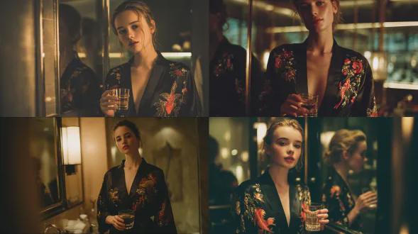 一张超电影感、弱光的肖像，一名18岁少女站在昏暗奢华的浴室里，背后的大镜子映出其柔和不抢镜的身影。身着深v领黑色丝绸和服浴袍，锁骨微露，袍上以金、红、暗绿三色精绣花卉与锦鲤。肌肤清透自然，神情平静内省，目光微侧，未直视镜头。手中握一只盛有液体的透明玻璃杯，姿态松弛。暖钨丝灯光、情绪化的阴影、电影感辉光与浅景深，整体氛围仿若高端时尚大片，带有东京酒店深夜静谧感。35mm胶片效果、f/1.8光圈、细腻颗粒、自然肤色、强烈对比、真实反射、轻微胶片噪点。照片级真实、超细节、高动态范围、专业时尚摄影、奢华编辑风格。