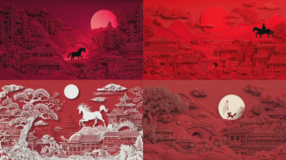 剪纸艺术风格，add 1火马剪影，春节主题，红色背景，中国山水场景，想象力，镂空设计，浮雕效果，立体感强，明亮的光影效果，天上明月，陆地上的传统建筑，龙在上面，简单的线条，中国元素，高清，色彩鲜艳，喜庆气氛。