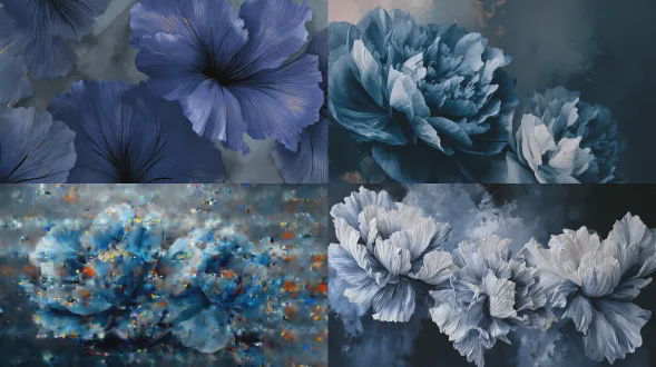 打造超奢华的手绘客厅特色壁画，采用深邃、近乎黑色的午夜蓝色背景，采用柔和的哑光或天鹅绒般的石膏效果，吸收光线并增强深度。背景应该感觉层次分明、大气，具有微妙的色调变化，而不是平坦的表面。绘制大型、超写实的海军蓝色天鹅绒花朵作为焦点元素，并以大师级的笔触进行渲染。花瓣应表现出自然的弧度、分层的褶皱以及通过控制阴影和精细细节实现的毛绒质感。花朵应该显得有雕塑感和立体感，从黑暗的背景中有机地显现出来，而不是坐在它的上面。引入一层纯粹的手绘烟雾或雾气，轻轻地飘过壁画。雾气应该柔和地混合、半透明、大气，部分包裹着花朵，并无缝地融入背景，以创造深度和动感，但不沉重。采用柔和的象牙白、柔和的石灰色和深木炭色，融入简约、精确的直线抽象线条。这些线条应该是细的、有建筑感的、有意放置的，作为安静的结构元素，与有机花卉形成鲜明对比，同时保持低调。使用精细的笔触或微妙的金属叶子或釉料技术应用银色和温暖的香槟金色调。金属细节应呈现为精致的薄片或微弱的亮点，少量分散并柔和地嵌入构图中或沿着选定的花卉边缘。饰面应该精致、柔和，柔和地捕捉光线而不是闪闪发光。最终的壁画应该给人一种定制、编辑和博物馆品质的感觉，平衡现实主义与抽象。整体氛围喜怒无常、精致而永恒，旨在作为一面个性化的艺术墙，通过工艺、质感和内敛的优雅提升奢华的生活空间。