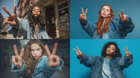 一位自信年轻女性，带着毫不费力的酷感表情，用右手朝镜头比出和平手势，身体略微侧转但仍面向前方，头发垂落在肩头，直接而自信的凝视镜头 。嘴角微噘，毫不费力的酷感“我不在乎”。氛围是不笑、不冷，只是毫不在意的自信 。站立姿势，右手朝镜头伸出和平手势，左臂放松，牛仔夹克像披风般搭在肩膀上，双臂展开