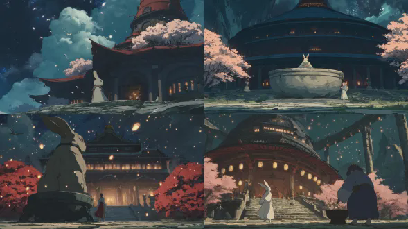 巨大的天界玉兔在月宫的巨型石臼中捣药，桂花树开着发光的花朵，嫦娥在漂浮云朵间起舞，传统宫殿建筑悬浮在星空中