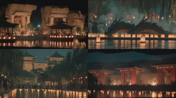 壮丽的龙门从莲花池中升起，鲤鱼在跃过龙门时化身为龙，水花飞溅金光，传统亭台和柳树环绕，纸灯笼漂浮