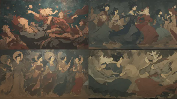 敦煌壁画中的飞天在宇宙空间中舞蹈，丝带化为星系，琵琶演奏星尘旋律，佛光光环与星云融合，唐代色彩调色板