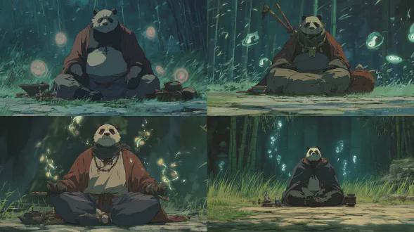 古老的熊猫仙人在竹林空地打坐，被漂浮的道教符咒环绕，雾气形成阴阳符号，茶道用具悬浮，空灵的竹叶散发气的能量