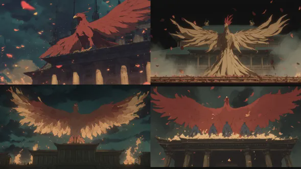 凤凰从有飞檐的燃烧宫殿顶端浴火重生，羽毛由火焰和黄金构成，古代汉字作为余烬漂浮，朱砂红和帝王黄主导，捕捉重生瞬间