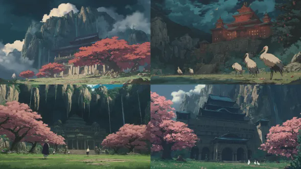 昆仑山巅的仙药园，仙桃在玉树上发光，仙鹤照料千年人参，瀑布向上流动违抗重力，西王母宫殿在背景中