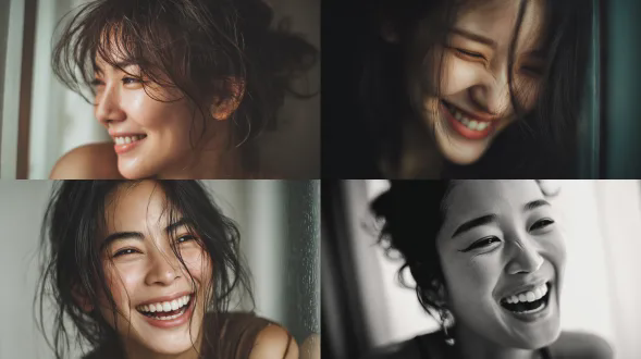 一张真实摄影风格的漂亮亚洲少女照片，快乐大笑的表情，笑到眼角弯起，自然皮肤纹理，抓拍瞬间，柔和清晨窗光，淡妆，50mm镜头质感，浅景深，干净背景，高分辨率。