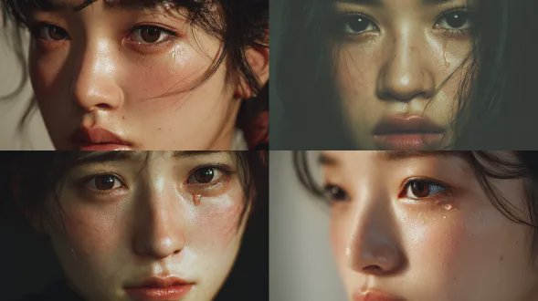 一张真实摄影风格的漂亮亚洲少女近景人像特写，悲伤表情，眼眶含泪，脸颊有一滴泪，下唇微微颤抖，柔和漫射光，自然毛孔细节，中性背景，高分辨率，浅景深。