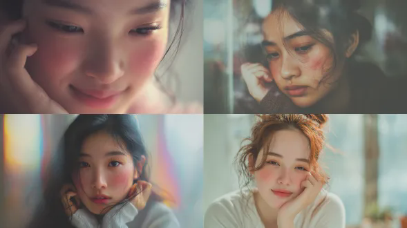 一张真实摄影风格的漂亮亚洲少女照片，害羞表情，脸颊泛红，眼神低垂，温柔微笑，轻柔梦幻的柔焦效果，淡彩色调，自然窗光，高分辨率。