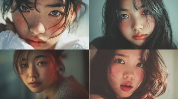 真实摄影风格的漂亮亚洲少女人像，心动紧张又期待的表情，脸颊泛红，嘴唇微张，眼睛睁大带期待感，柔和逆光，轻微光晕，干净背景，高分辨率，浅景深。