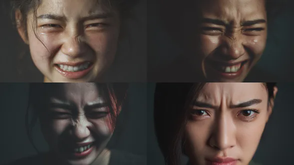 真实摄影风格的漂亮亚洲少女近景人像，忍痛微笑表情，牙齿微咬紧，眼睛泛泪光，眉头向中间收拢，努力保持积极，戏剧化侧光，深色中性背景，高分辨率，浅景深。