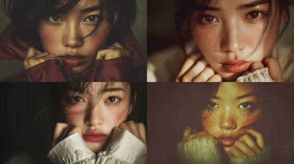 真实摄影风格的漂亮亚洲少女人像，强烈表情，轻咬下唇，半眯眼，脸颊泛红，面部有轻微颤动感，手轻抓住衣领或袖口，温暖电影感布光，高分辨率，浅景深。