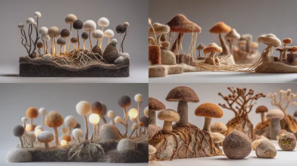 从高处俯视拍摄的微型地下蘑菇村的轴测投影，地质剖面揭示了土壤层、岩石和盘根错节的根系。所有元素都采用针毡羊毛微缩模型制作，具有柔软的模糊纤维、触感毡纹理和圆形造型。泥土色调，柔和温暖的灯光，干净的工作室背景，高细节的毡艺术立体模型美学。